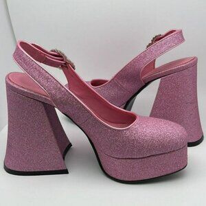 Sugar Thrillz Paradise Heart Pink Glitter Platform Heels with Heart clasp Size 7